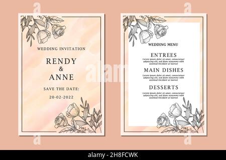hand drawn floral wedding invitation and menu template. vector design illustration. wedding invitation Stock Vector