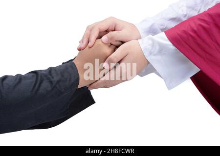 Jesus Christ gave his help to his follower isolated over white background Stock Photo