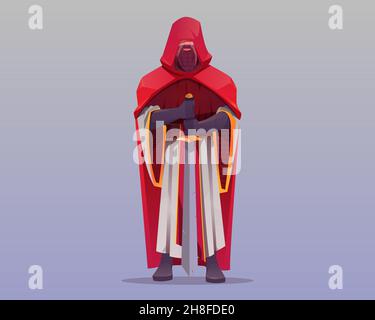 Ancient warrior, medieval knight, heraldic soldier with sword, guard with blade in long robe and red cape covering his eyes, royal fighter cartoon character, game or book personage Vector illustration Stock Vector