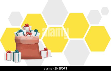 bag full of gifts on abstract hexagon background Stock Vector