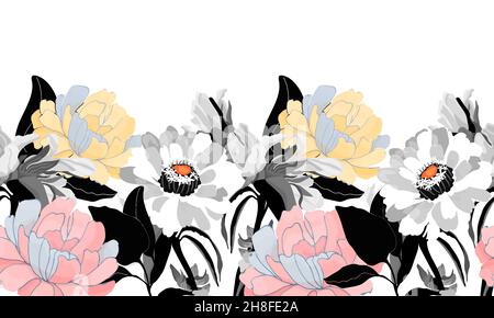 Vector floral seamless pattern, border. Horizontal panoramic design with multi colored flowers. Stock Vector