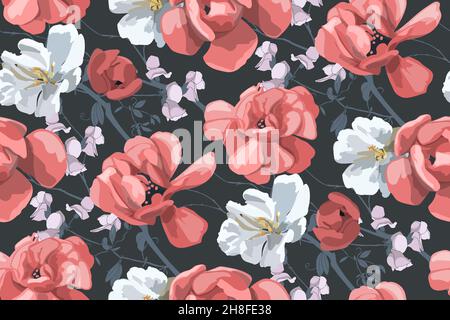 Vector floral seamless pattern. Beautiful white and red flowers on a slate background. Stock Vector