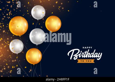 happy birthday golden and silver balloons with confetti Stock Vector