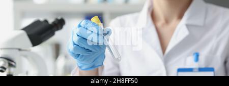 Scientist holds empty test tube in gloves in laboratory Stock Photo
