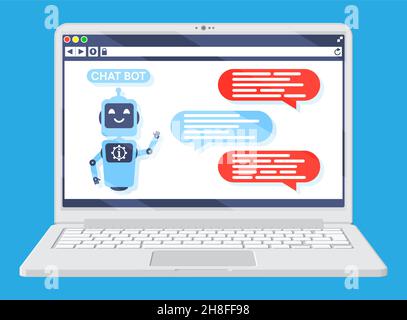 Laptop with Chat Bot Speak in Bubble on Screen. Stock Vector