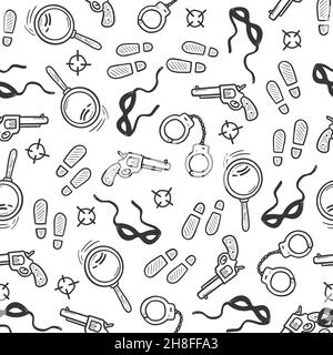 Detective seamless pattern. Hand drawn sketch doodle style crime background. Footprint, fingerprint, magnifier detective investigation pattern. Vector illustration. Stock Vector