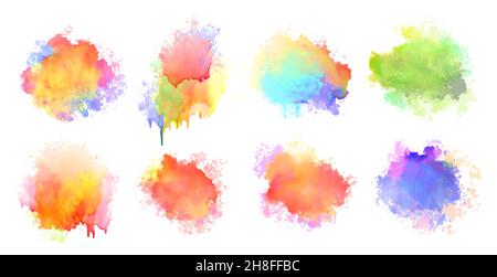 isolated watercolor splatter stain colorful set of eight Stock Vector