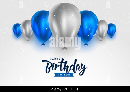 happy birthday blue and silver white shiny balloons background Stock Vector