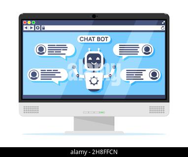 Computer with Chat Bot Speak in Bubble on Screen Stock Vector