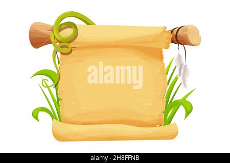 Parchment scroll with feather on wooden stick and grass in cartoon style isolated on white background. Game asset, design element. Ancient, medieval p Stock Vector