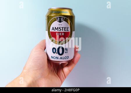 Tyumen, Russia-October 15, 2021: Amstel beer can non alcoholic. Copy space Stock Photo