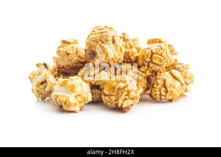 Sweet caramel popcorn isolated on white background. Stock Photo