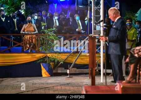 Singer Rihanna looks on as The Prince of Wales delivers a speech at the Presidential Inauguration Ceremony to mark the birth of a new republic in Barbados, Bridgetown, Barbados. Picture date: Tuesday November 30, 2021. Stock Photo