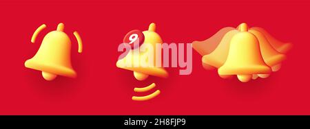 Set of 3d icons of bell ringing in blur, with notification label with figure, render style illustration on red backdrop Stock Vector