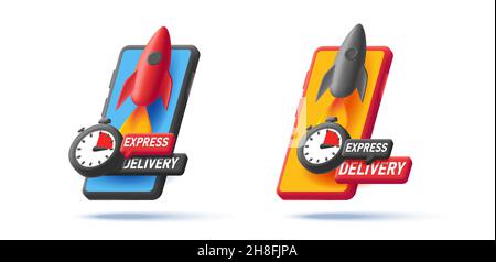 3d illustration of a smartphone with stop watch and rocket flying from the screen with express delivery message, icons in two colors, isolated Stock Vector