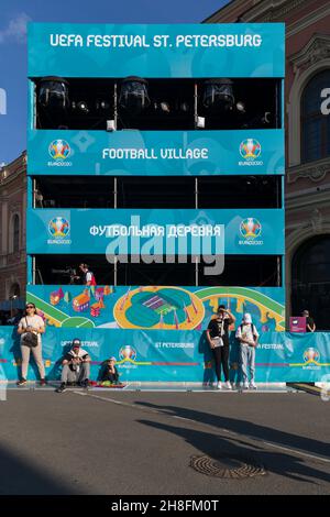 Saint-Petersburg, Russia - June 12, 2021: Fan zone at the Euro 2020 Football Championship with a platform for broadcasting and journalists Stock Photo