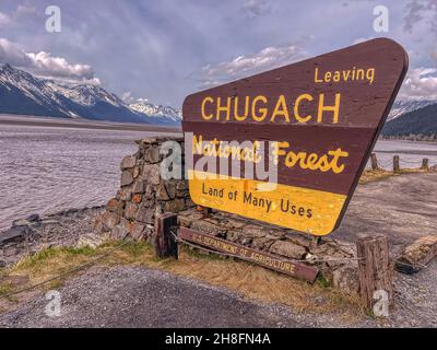 Sign saying Chugach National Forest in Alaska Stock Photo