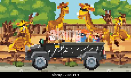 Safari scene with many giraffes and kids on tourist car illustration Stock Vector