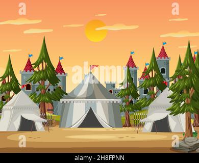 Military medieval camp with tents and castle illustration Stock Vector ...