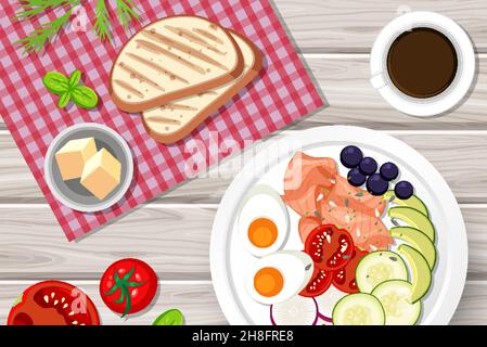 Different plates of food on the table  illustration Stock Vector