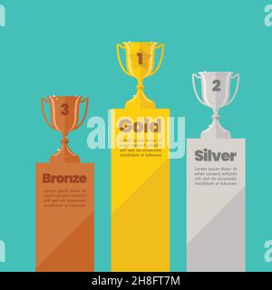 Gold silver and bronze champion cups ranking infographic with sample text. Flat style vector illustration Stock Vector