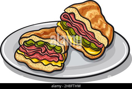 Illustration of the cuban sandwiches with ham, cheese and cucumbers Stock Vector