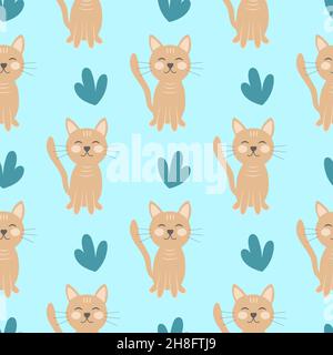 Cute cats seamless baby pattern. Seals sit and grass on a blue background. Template for wallpaper, fabric, children's things, packaging, vector illust Stock Vector