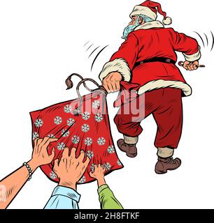 People want to rob Santa Claus of a bag of gifts. Excitement holiday discounts and sales. Christmas and New Year winter holidays Stock Vector