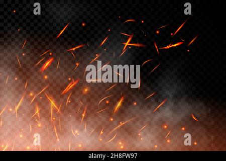 Realistic fire sparks background on a transparent background. Burning hot sparks effect with embers burning cinder and smoke flying in the air. Heat e Stock Vector