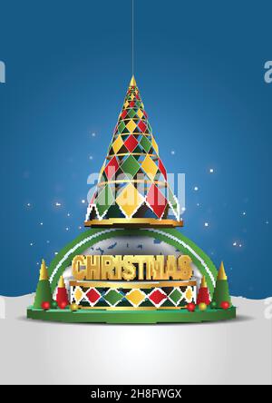 merry Christmas poster design 3d platform with Christmas elements. vector illustration Stock Vector