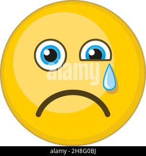 Crying emoji. Sad round yellow face with tear dropping Stock Vector