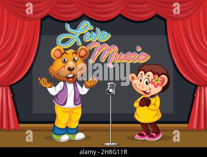 Bear and monkey performing singing on stage illustration Stock Vector