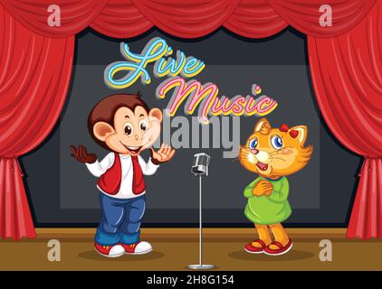 Cat and monkey performing singing on stage illustration Stock Vector