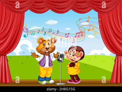 Bear and monkey performing singing on stage illustration Stock Vector