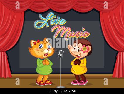Cat and monkey performing singing on stage illustration Stock Vector