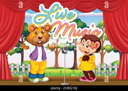 Bear and monkey performing singing on stage illustration Stock Vector