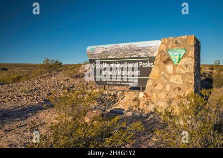 Stone sign on County Road E006 (Barksdale Road), Organ Mountains Desert Peaks National Monument, New Mexico, USA Stock Photo