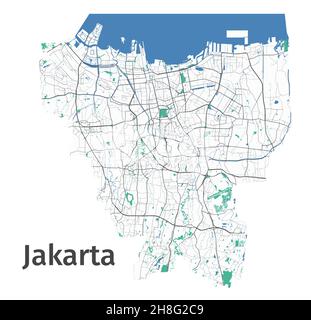 Jakarta vector map. Detailed map of Jakarta city administrative area. Cityscape panorama. Royalty free vector illustration. Outline map with highways, Stock Vector