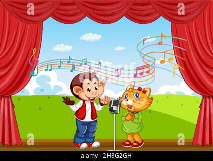 Monkey and cat cartoon character singing on stage illustration Stock Vector