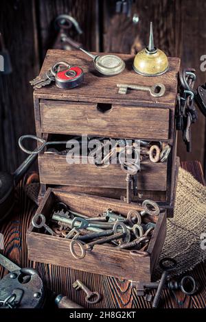 Old locksmiths workplace with tools to repair. Forgotten locksmiths workplace. Forgotten craft profession. Stock Photo