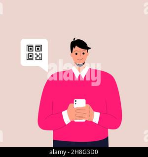 Man holding smartphone with QR sign. Concept of electronic id, identification, vaccine passport or certificate, QR verification, online shopping. Flat Stock Vector