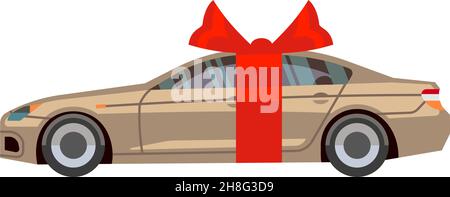 Car with red ribbon gift bow. Present icon Stock Vector