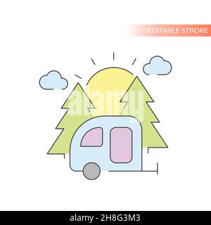 Camper trailer in nature with trees and sun. Camping line vector icon, outline caravan with colorful fill. Stock Vector