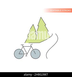 Outdoors biking line vector icon. Nature scape with road, pines and bicycle, editable stroke. Stock Vector