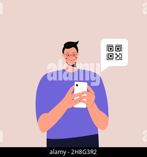 Young man holding smartphone with QR sign. Concept of electronic id, identification, vaccine passport or certificate, QR verification, online shopping Stock Vector