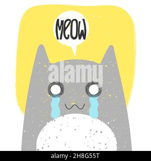 Cute crying cat with anime emotion and speech babble saying meow. Hand drawn vector illustration of kitty in flat cartoon design. Cute childish clip a Stock Vector