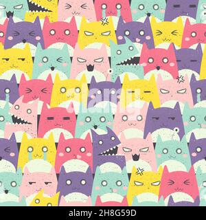 Seamless pattern with cute colorful cats with different emotion. Hand drawn cartoon kitten characters vector repeated background. Simple flat style de Stock Vector