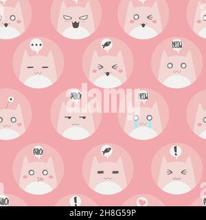 Seamless pattern with cute colorful cats with different emotion. Hand drawn cartoon kitten characters vector repeated background. Simple flat style de Stock Vector