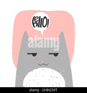 Cute cat with anime emotion and speech babble saying hello. hand drawn vector illustration of kitty in flat cartoon design. Cute childish clip art wit Stock Vector