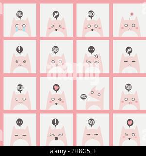 Seamless pattern with cute colorful cats with different emotion. Hand drawn cartoon kitten characters vector repeated background. Simple flat style de Stock Vector